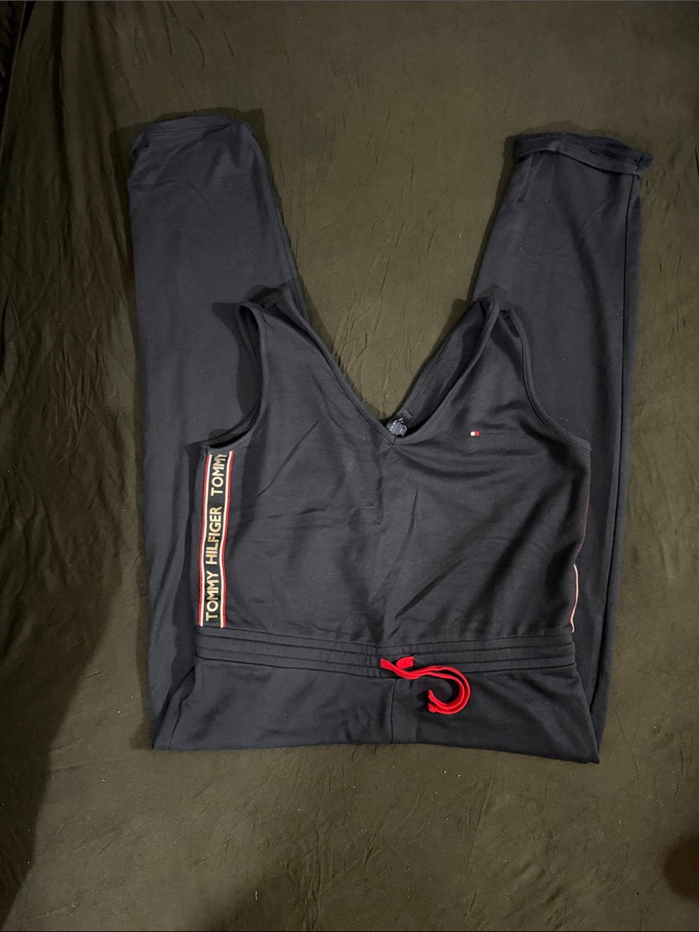 Tommy Hilfiger Navy V-Neck Jumpsuit with Red Drawstring and Logo Tape